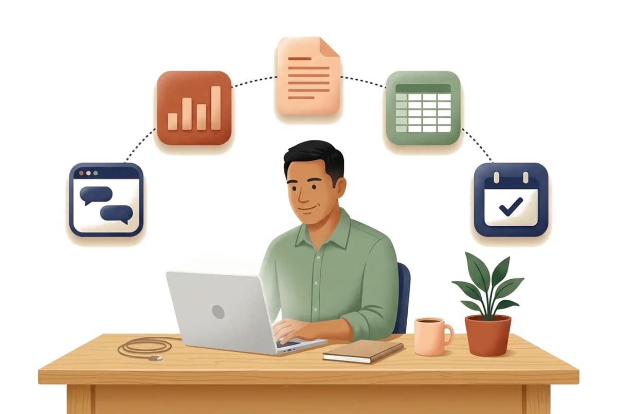 Ilustrasi pemilik usaha memakai AI di laptop, dikelilingi panel chat, grafik, dokumen, tabel, dan kalender