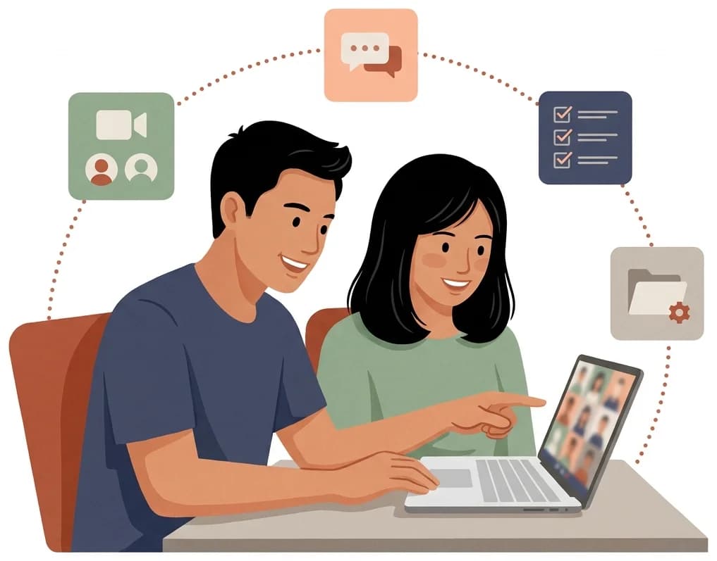 Ilustrasi laki-laki dan perempuan ikut kelas online bareng di satu laptop