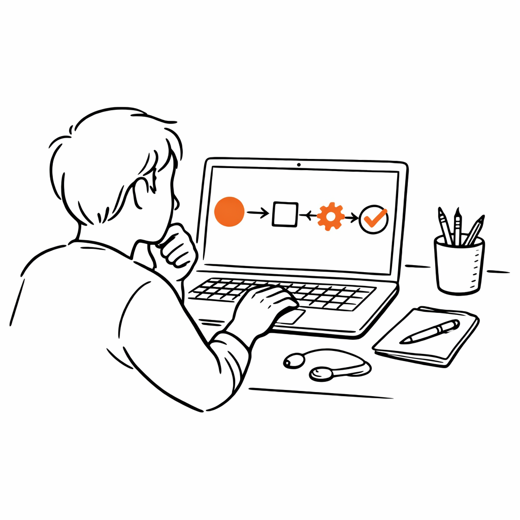 Seseorang bekerja di laptop dengan diagram alur kerja AI